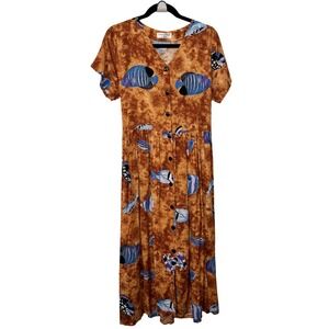 Venus Trend Brown Tie Dye Tropical Fish Button Front Rayon Midi Dress Back Tie